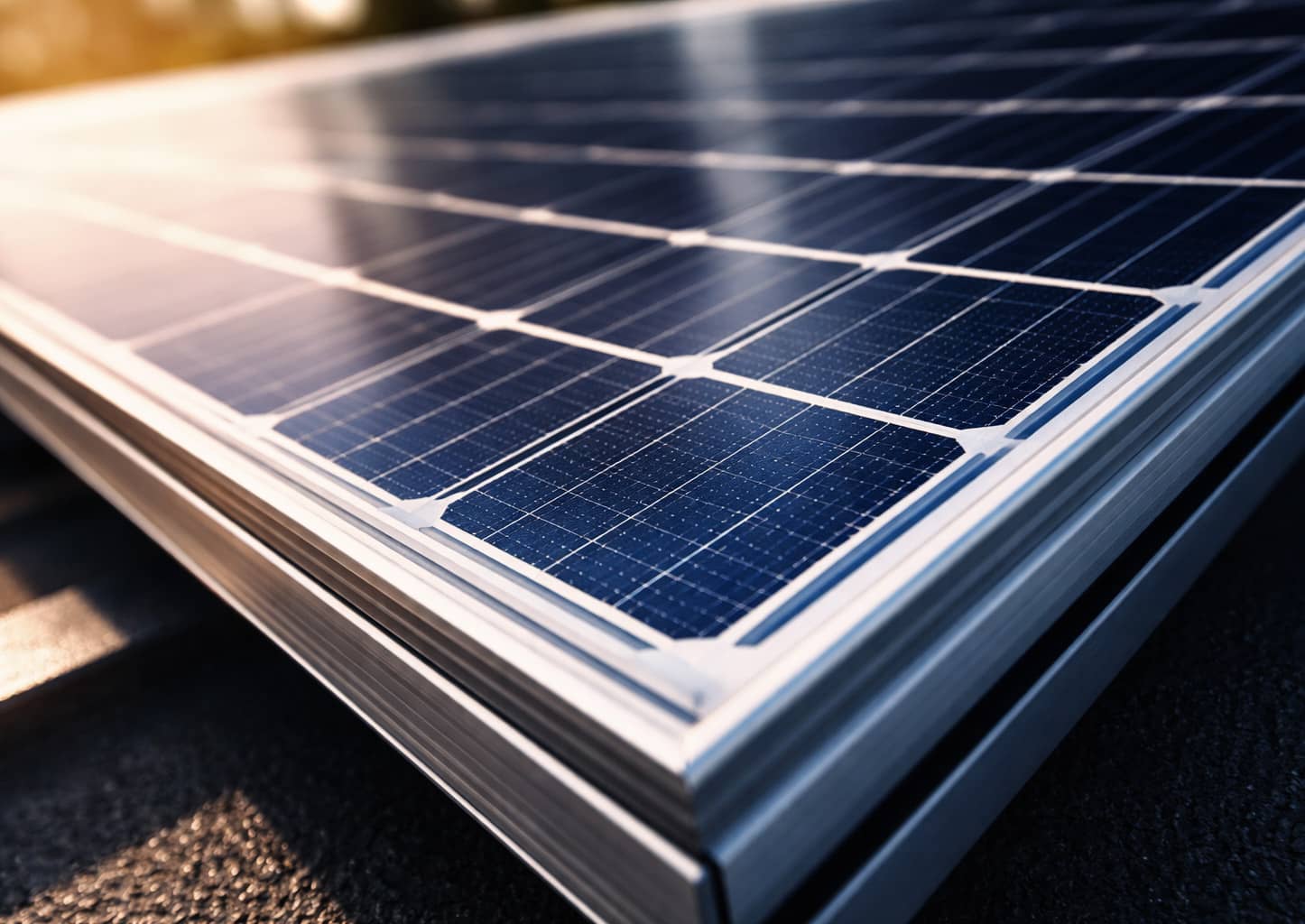 Close-up of solar panels on a roof with golden hour sunlight